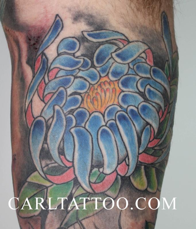 Blue Chrysanthemum Flower Tattoo