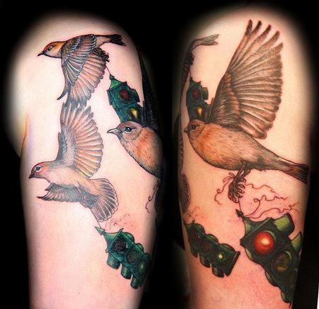 tattoos/ - Fly Away Stoplight Birds Tattoo - 67666