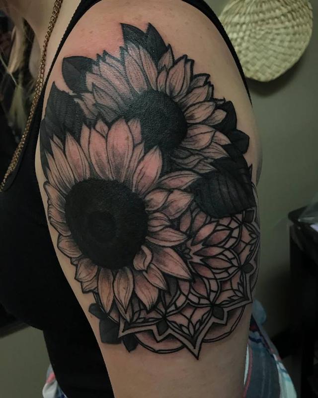 Sunflower and mandala upper arm piece by Christina Walker : Tattoos