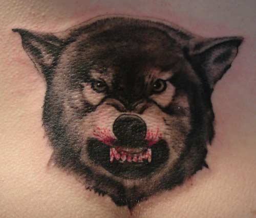 Angry Mood Nice Dotwork Wolf Face Tattoo Design On Forearm