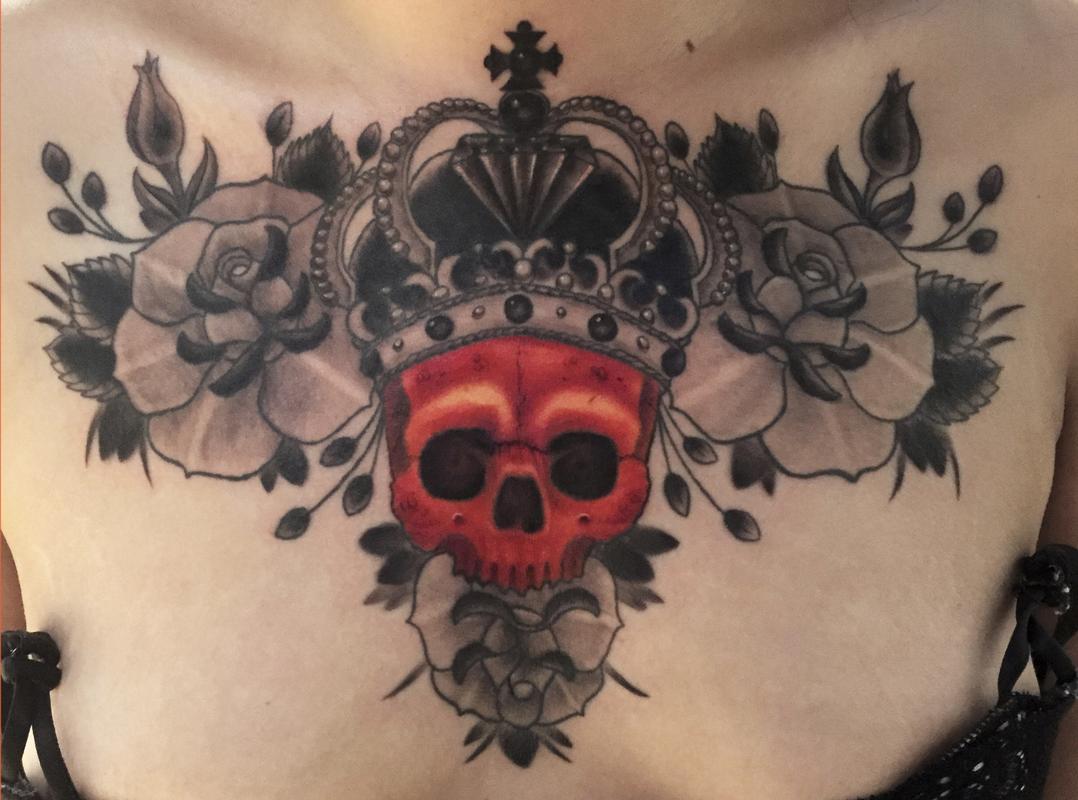 Shoulder Arm Flower Skull Crown Tattoo by Good Kind Tattoo