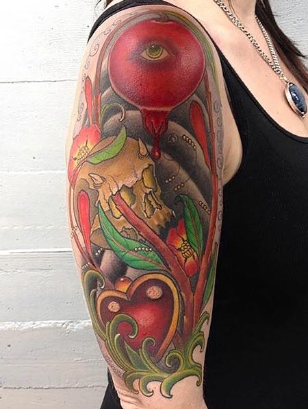 Traditional Snake With Apple Tattoo On Women Left Half Sleeve