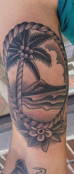 Traditional Shark and Beach Tattoo Piece