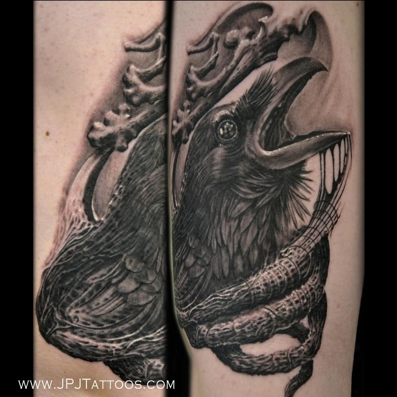 Black and Gray Raven Texture Tattoo by Jose Perez Jr TattooNOW