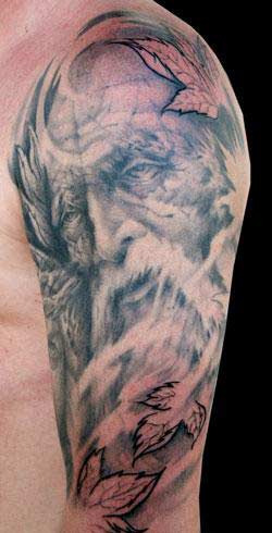 tattoos/ - Realistic Portrait Tattoo with Leaves - 25451