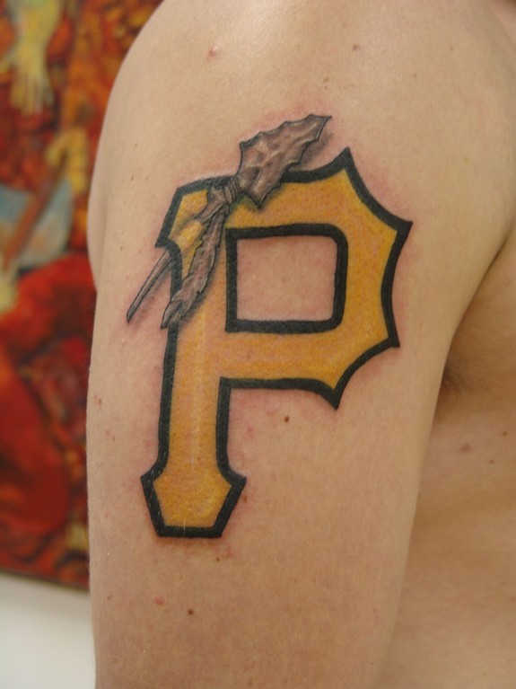 P emblem and spear tattoo by Frank Kovalik: TattooNOW