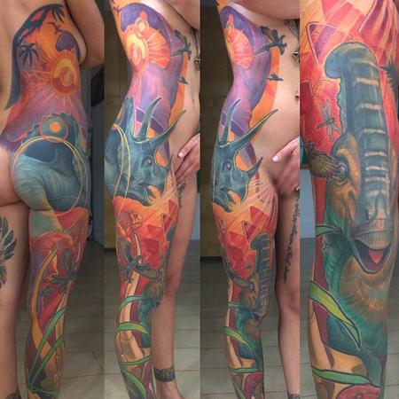Dinosaur Side Leg Sleeve Tattoo by Steve Moore: TattooNOW