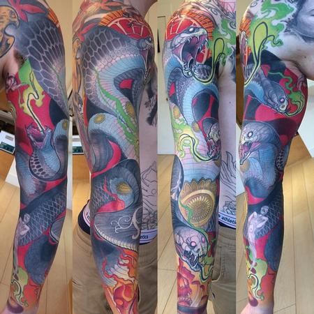Sleeve tattoo with a snake, gun, weed symbol that says HYDRA tattoo idea |  TattoosAI