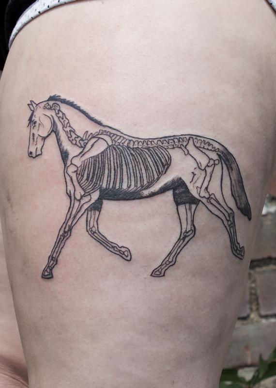 black Illustrative horse tattoo on thigh by Ben Licata TattooNOW
