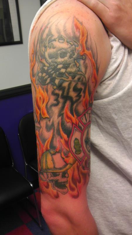 More progress and this skulls and flames sleeve skulls f  Flickr