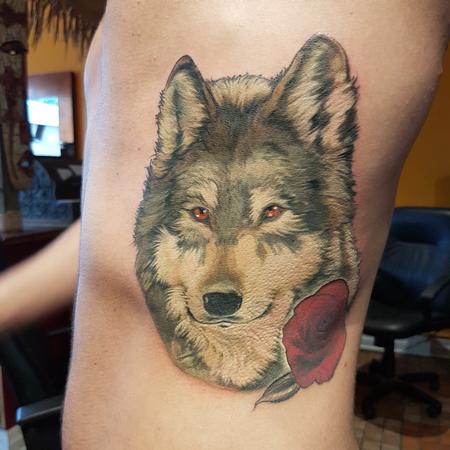 tattoos/ - Grey wolf, red rose - 128335