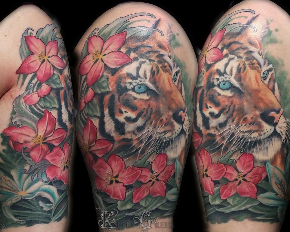 Tiger Hiding Behind Some Apple Blossoms By Kelly Green Tattoonow