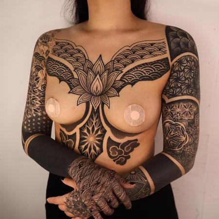tattoos/ - Chest and Sleeves Blackwork Pattern Tattoos - 143905