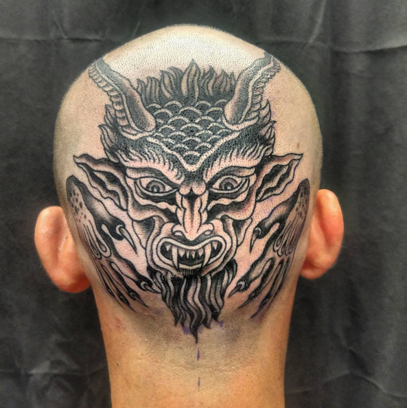 Lady devil head by dmarazzina done at the Black Cult Northampton GB   rtraditionaltattoos