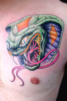Snake and moon tattoo done on the chest.