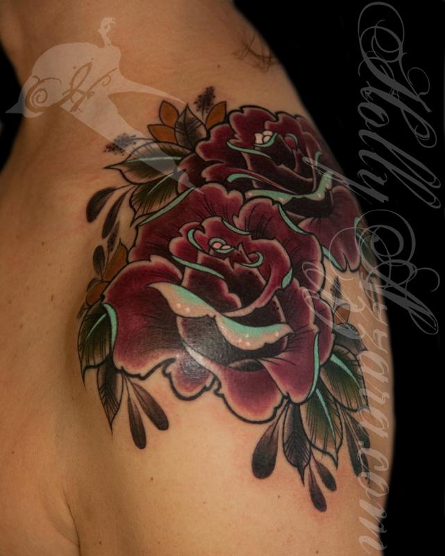 Realistic Red Rose Tattoo On Left Shoulder