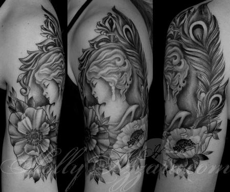 Black and Gray Cameo With Flowers and peacock Feathers by Holly