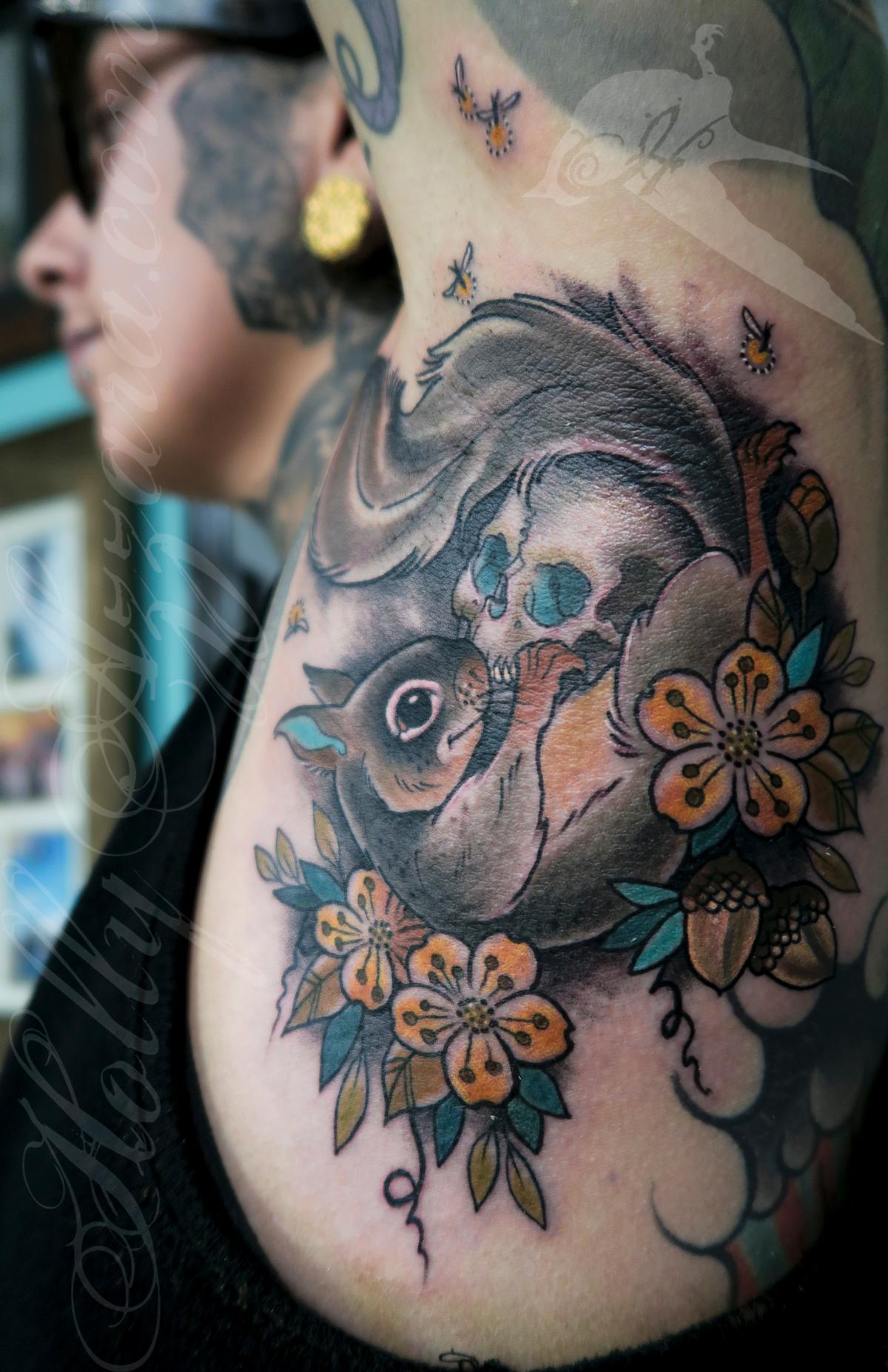 A squirrel becomes a masterpiece in this funky tattoo by Dynoz.Art.Attack |  Ratta Tattoo