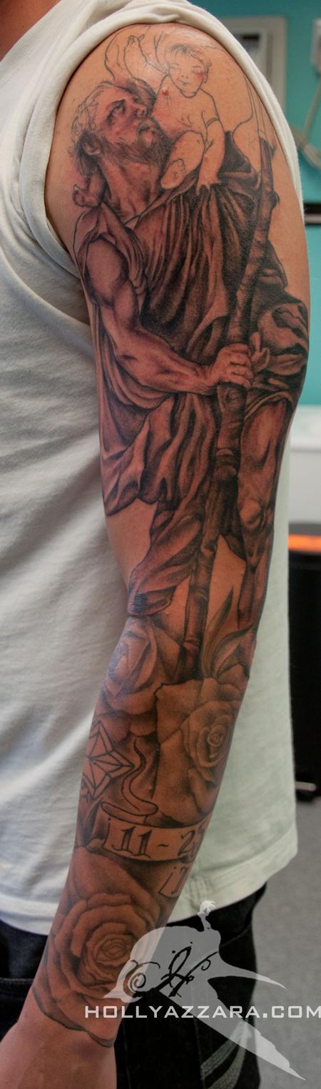 Black and Gray St Christopher Sleeve In Progress by Holly Azzara TattooNOW