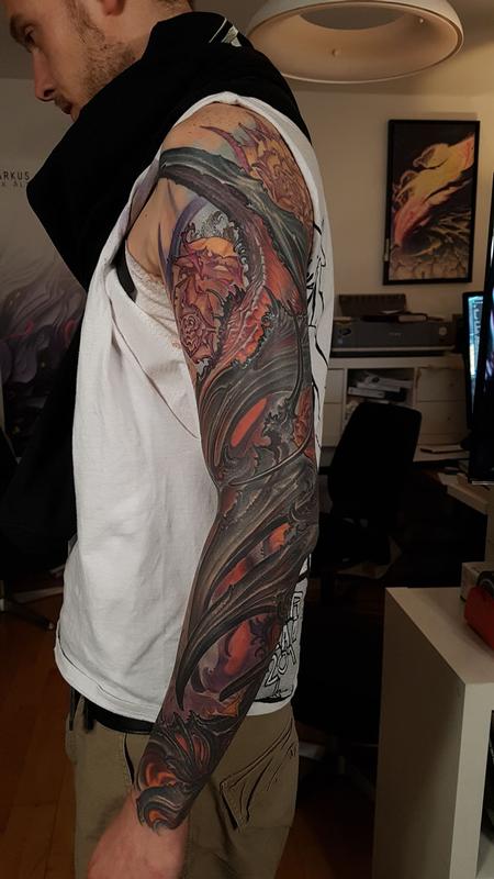 Colorful Abstract Tattoo On Man Left Full Sleeve