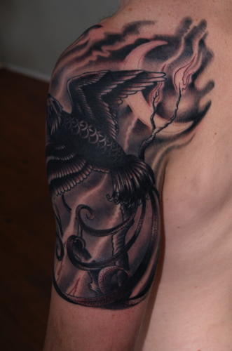 Black silhouette bird skull in fire tattoo design Vector Image