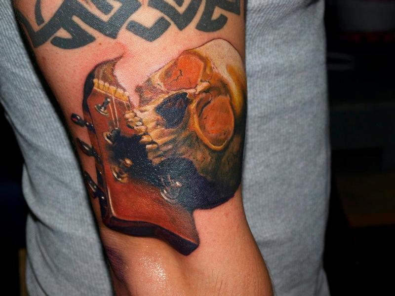 colr skull guitar tattoo by Cesar Perez Tattoos: TattooNOW