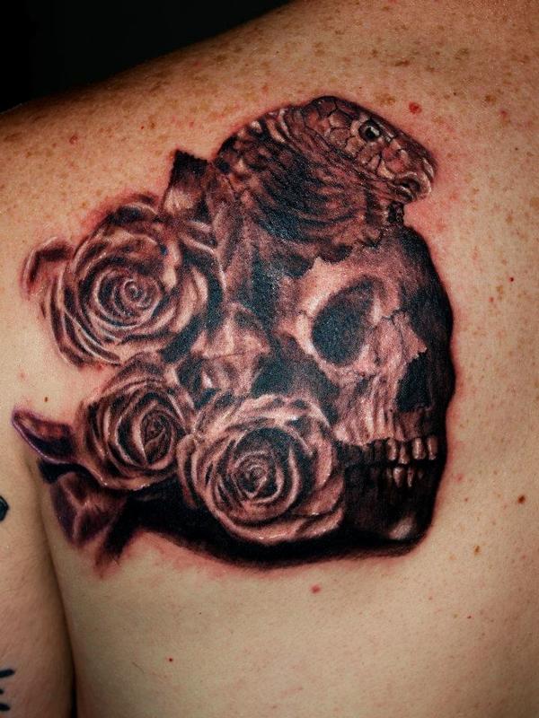 skull roses cobra black and grey tattoo by Cesar Perez Tattoos: TattooNOW