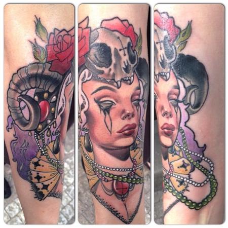 tattoos/ - Evil Woman and Satanic Cat Skull with Pearls and roses - 92077