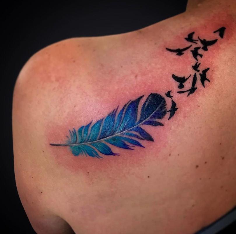4 month healed blue jay feather by Area 6s Jason in NYC  rtattoo