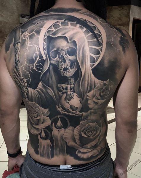 Painted Temple : Tattoos : Body Part Back : Black and Gray Santa Muerte  Tattoo