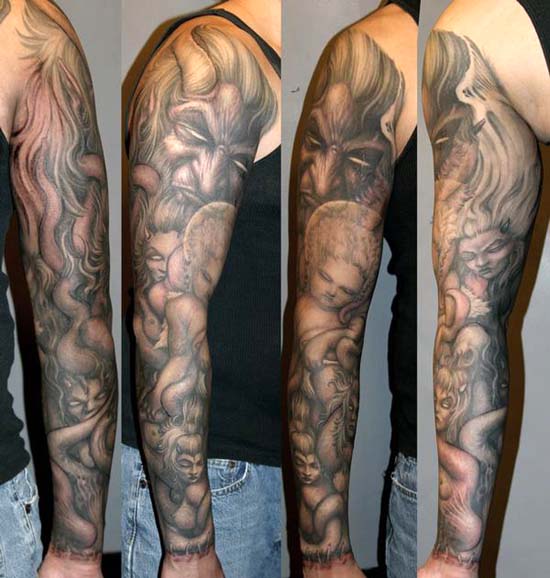 angel vs demon arm tattoo