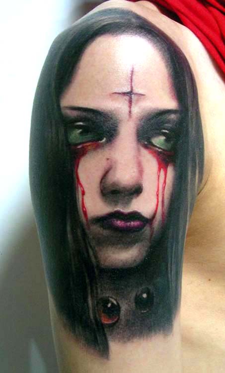 Creepy female portrait crying blood tattoo by Little Dragon: TattooNOW