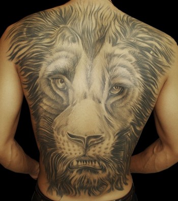 Realistic Lion, Men's Full Back Tattoo