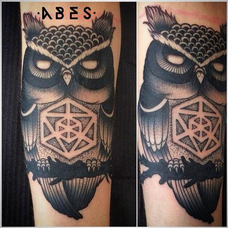Black and Grey Owl Portrait Outdoor Scenery Tattoo - Love n Hate