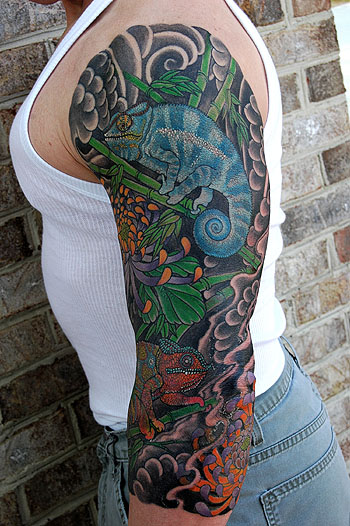 koi and chrysanthemum leg half sleeve tattoo by Dana Helmuth: TattooNOW