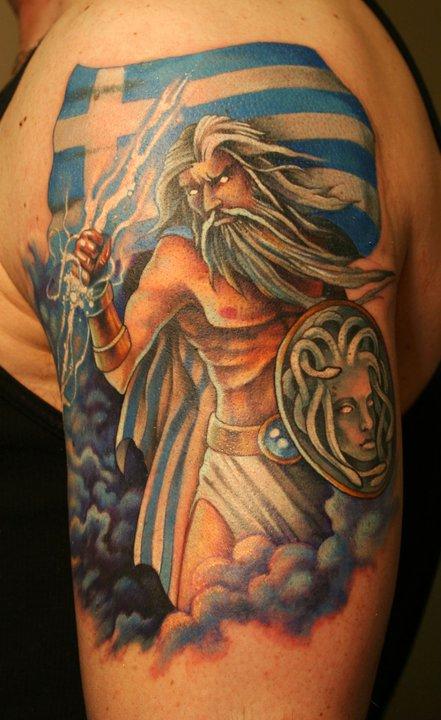 Zeus & Greek Flag tat.. | Greek tattoos, Greece tattoo, Greek artwork