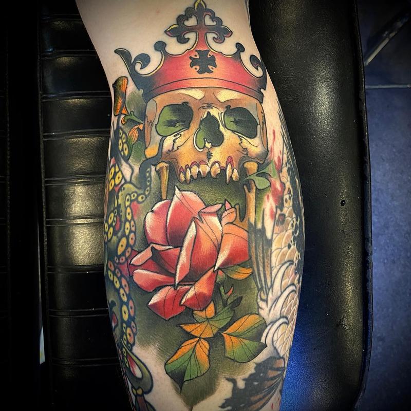 Black Widow Tattoo on Instagram Skull and Crown for Sawyers outer  forearm Done by vladblacktattoo  To book with Vlad and our other  black and grey realism