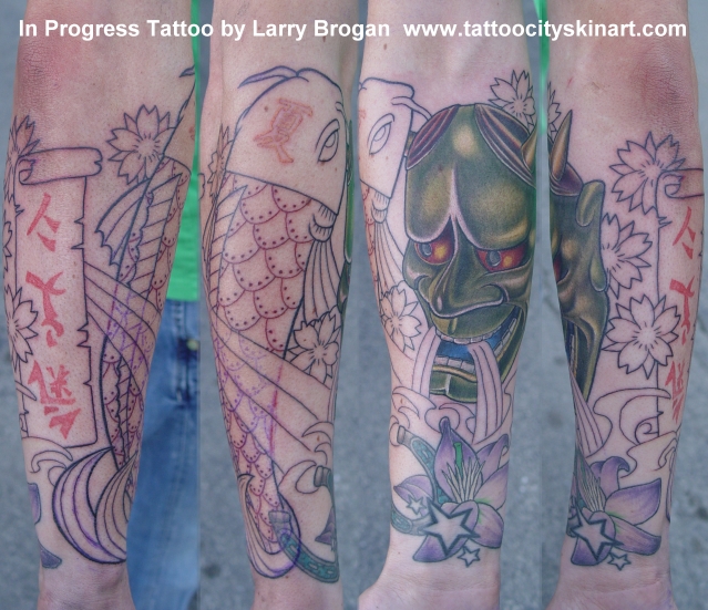 Koi and Hanya Mask Half Sleeve by Larry Brogan: TattooNOW