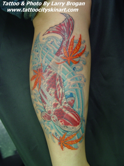 Koi With Japanese Maple Leafs By Larry Brogan Tattoos
