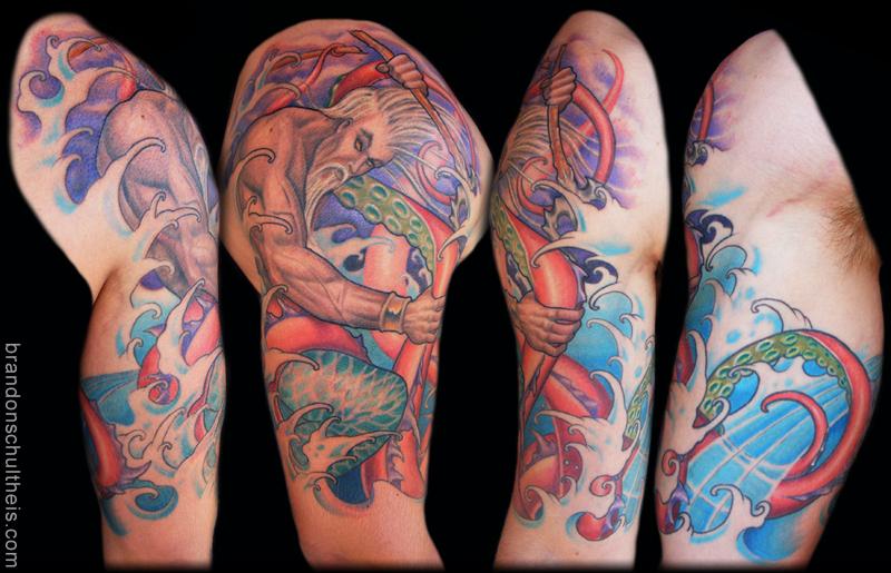 Poseidon Half Sleeve Tattoo by Andres Ortega  Tattoo Insider