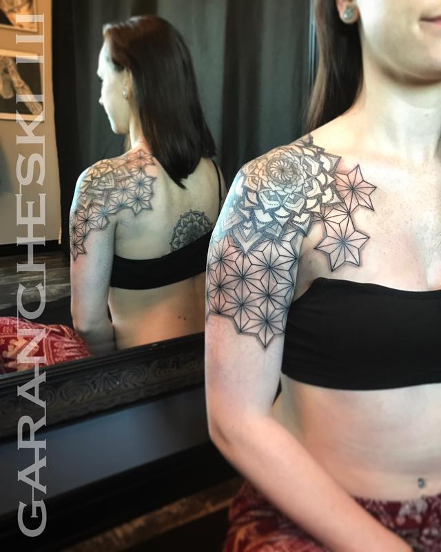 Repeating Geometric Pattern Dotwork Mandala Shoulder Tattoo By John