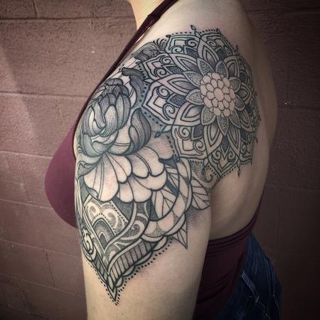 Shoulder to elbow tattoo, with beautiful women and mandala tattoo idea |  TattoosAI