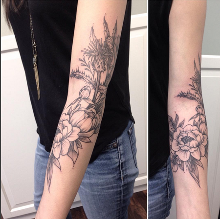 melissazimmer:rose-tattoo-sugar-skull-tattoo-floral-tattoo-vintage-floral -back-and-grey-tattoo-half-sleeve-tattoo