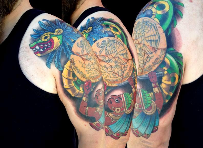 Cool Aztec Tattoo On Left Half Sleeve