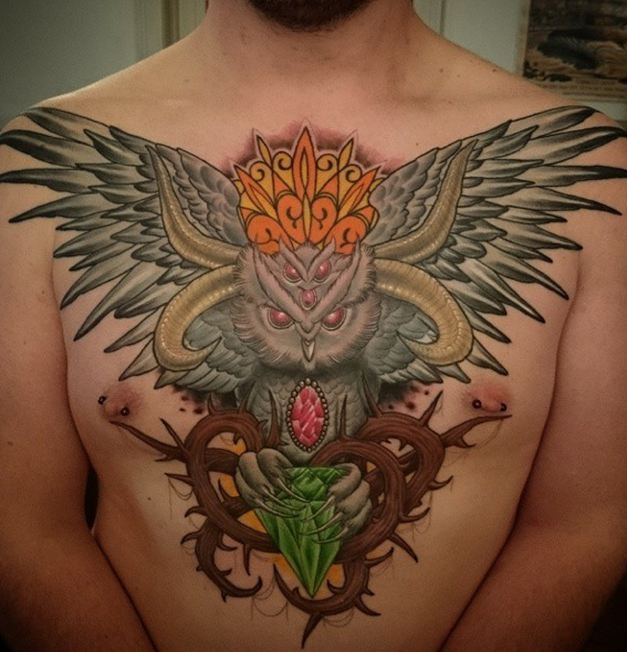 neo traditional owl chest tattoo