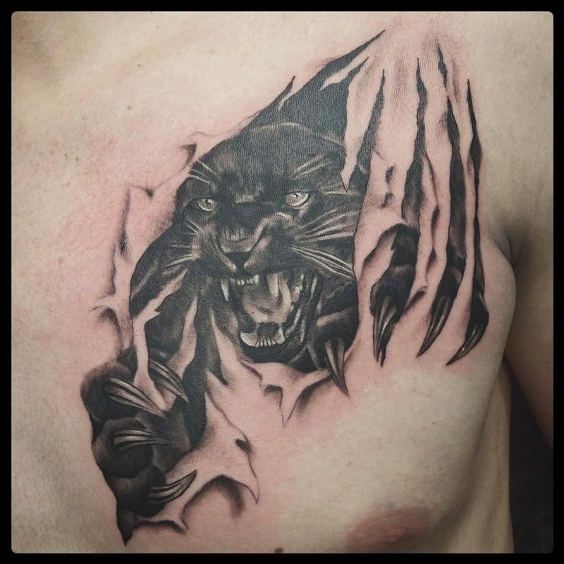 Red Ink Ripped Skin 3D Tattoo On Man Chest