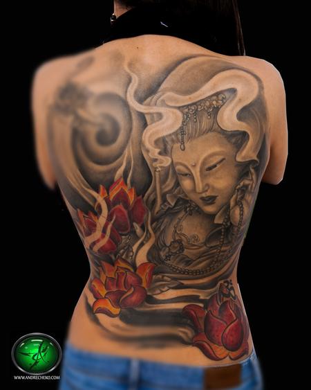 oriental female religious back piece tattoo by Andre Cheko: TattooNOW