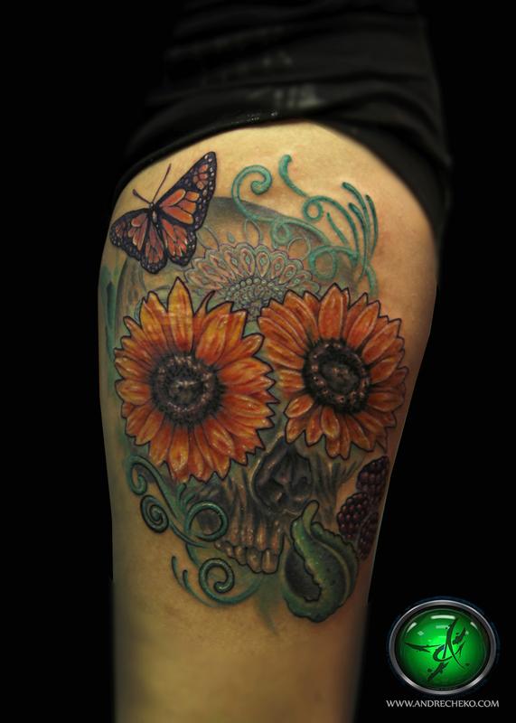 sunflower sugar skull color tattoo by Andre Cheko TattooNOW