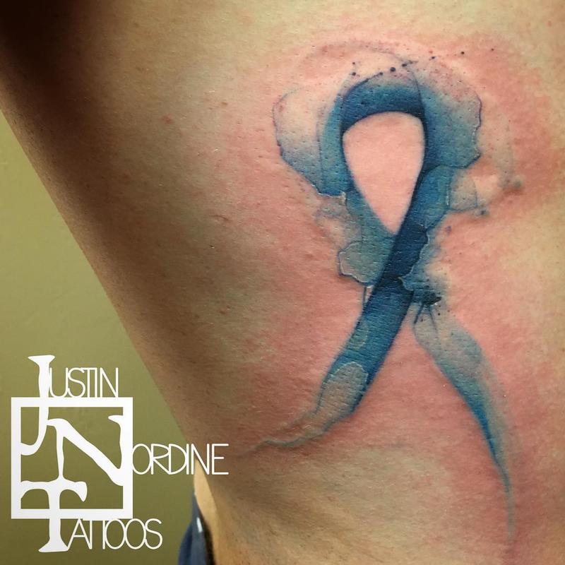 blue cancer ribbon tattoo