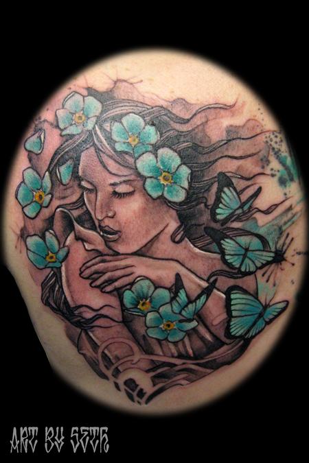 tattoos/ - Art Nouveau Woman Butterflies - 114821
